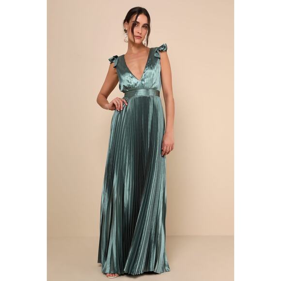 NWT Lulus Exceptional Drama Sage Green Satin Lace-Up Pleated Maxi Dress Bride M - Picture 1 of 8